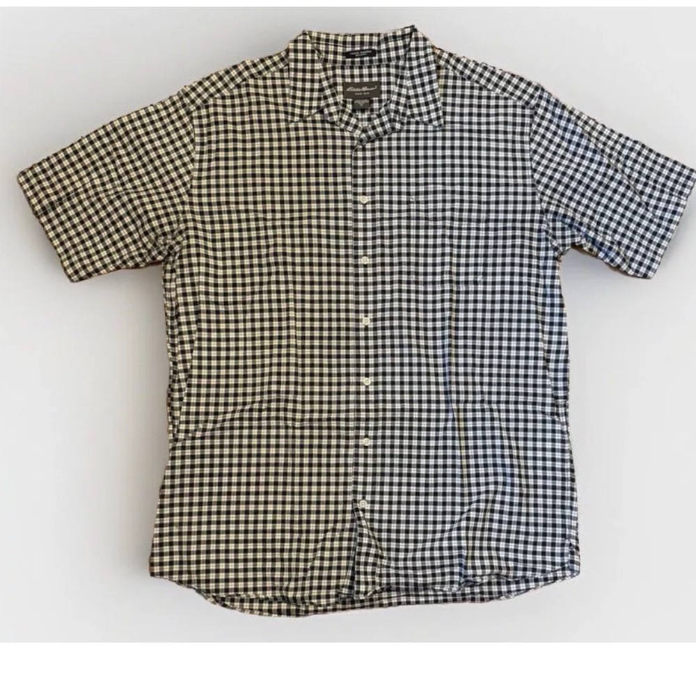 Eddie Bauer Men's Button Down Shirt Tall XL Short Sleeve Gray Plaid Black White
